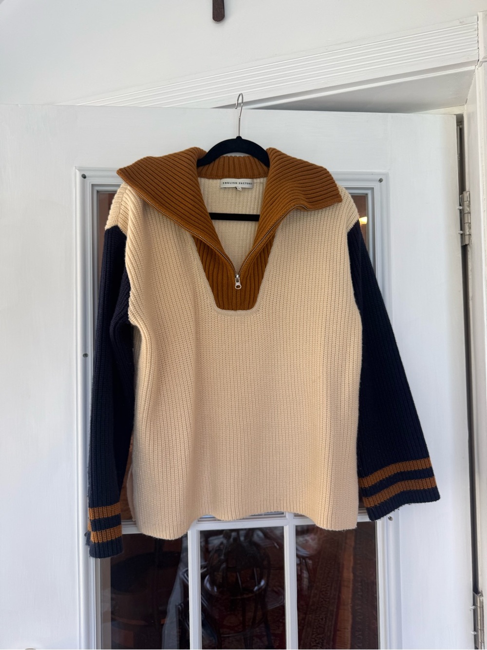 English Factory Colorblock Ribbed Quarter Zip Sweater - Picture 2 of 5